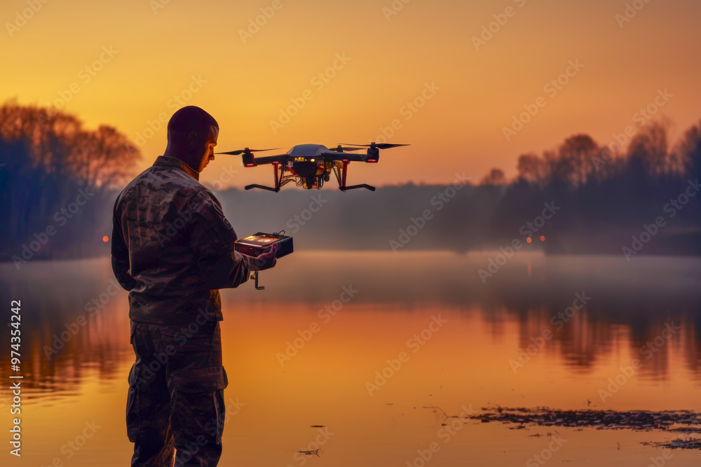 The man in military uniform carefully launches a drone copter near a riverbank at dusk The man in military uniform carefully launches a drone copter near a riverbank at dusk