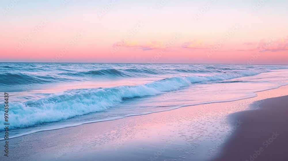 A serene beach at sunset, showcasing gentle waves lapping against the shore with soft pastel colors in the sky. A serene beach at sunset, showcasing gentle waves lapping against the shore with soft pastel colors in the sky.