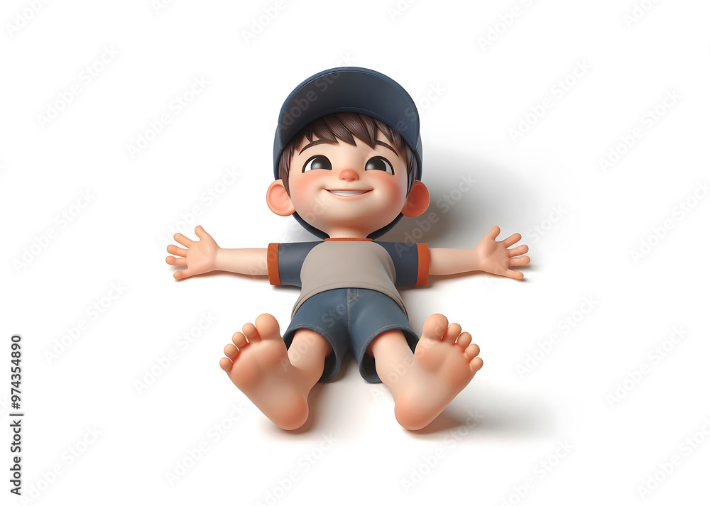 kleiner Junge Kind mit Schirmmütze liegt lächelnd barfuß, Beine Arme ausgestreckt und schaut nach oben, weißer Hintergrund, Pause relaxen Kindheit genießen entspannen in Freizeit und Ferien 3D Figur kleiner Junge Kind mit Schirmmütze liegt lächelnd barfuß, Beine Arme ausgestreckt und schaut nach oben, weißer Hintergrund, Pause relaxen Kindheit genießen entspannen in Freizeit und Ferien 3D Figur
