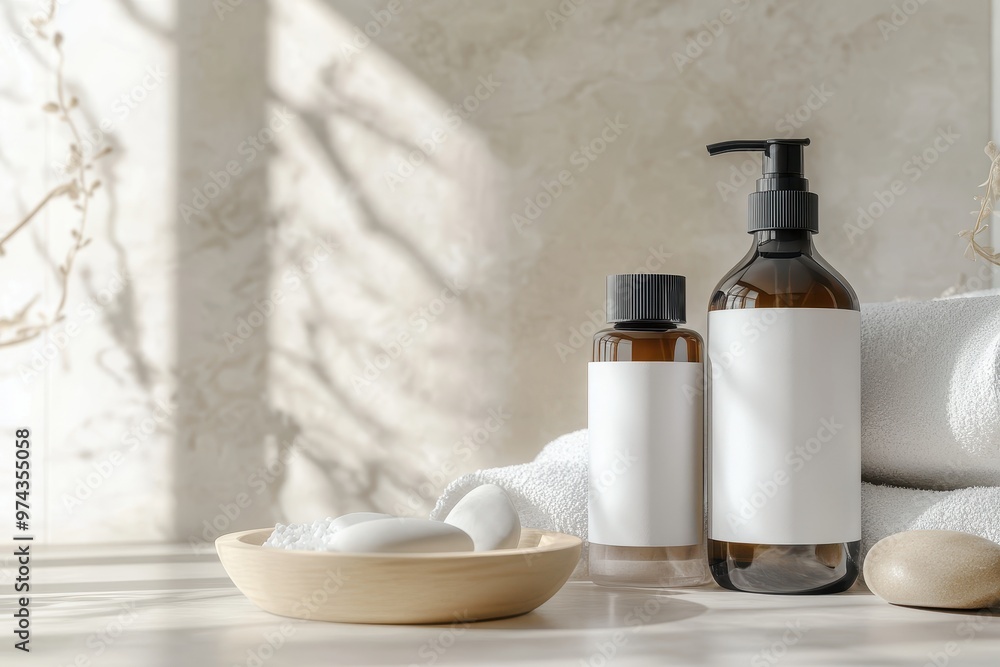 A serene arrangement of skincare products on a countertop with towels and stones. A serene arrangement of skincare products on a countertop with towels and stones.