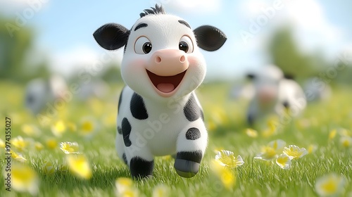 A cute cartoon cow calf with big eyes and a happy smile runs through a field of yellow flowers.