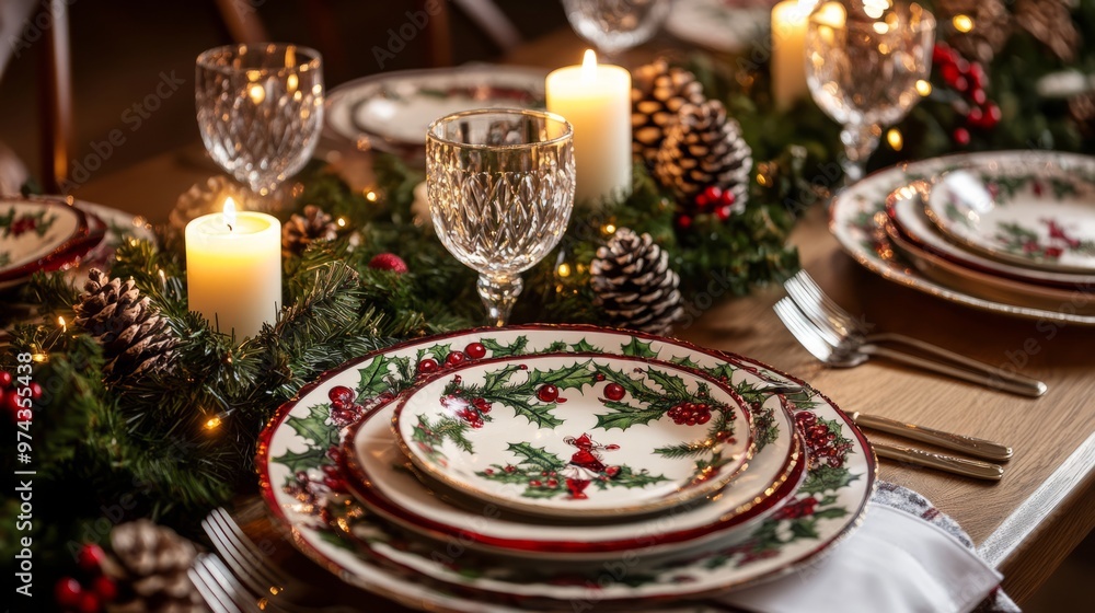 Festive Christmas Dinner Table Setting with Candles, Pine Cones, and Holly Festive Christmas Dinner Table Setting with Candles, Pine Cones, and Holly