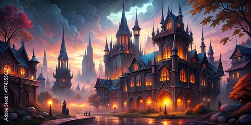 Polished and colorful illustrations of Gothic architecture and castle scenes for a spooky atmosphere