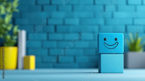 Blue Smiley Face Cube on Blue Brick Wall Background photo