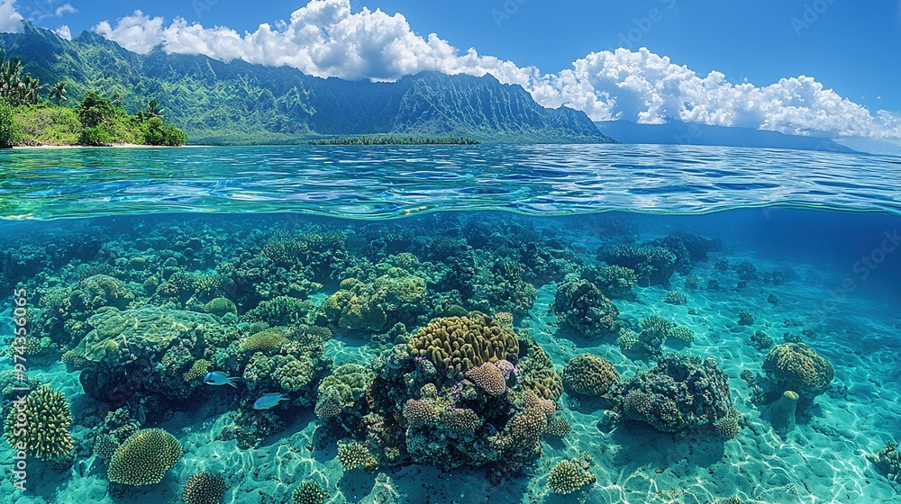Fototapeta premium Shallow coral reef with clear water above