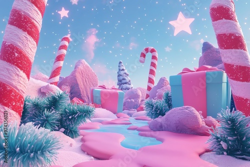 Whimsical candy land landscape with pink trees, marshmallow hills, and striped candy cane pillars