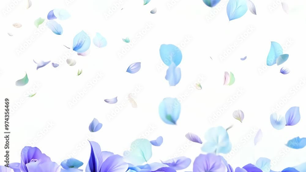 Light blue and lavender small petals gently floating down on white background Light blue and lavender small petals gently floating down on white background