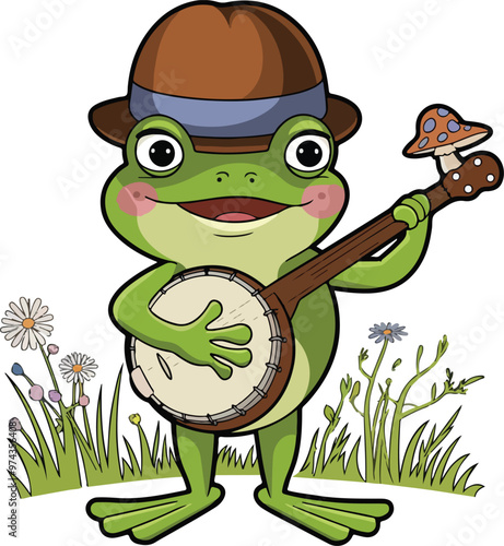 A frog playing a banjo with a green frog on it.