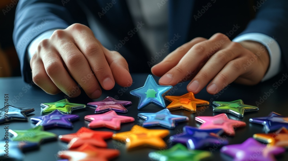 Ranking Success: Businessman Organizes Star Icons for Performance Evaluation Ranking Success: Businessman Organizes Star Icons for Performance Evaluation