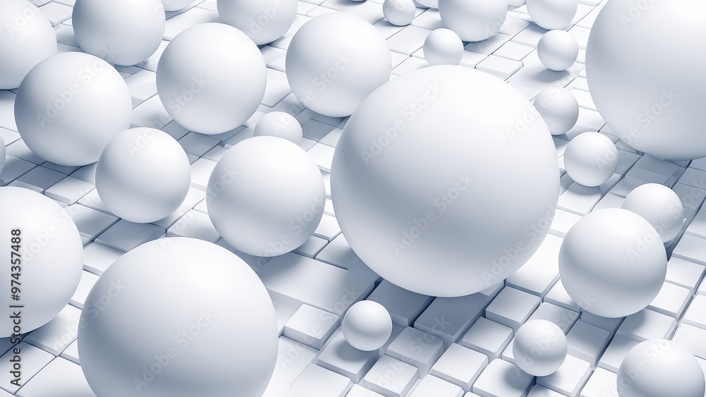 A collection of white spheres scattered over a tiled surface, creating a minimalist, abstract visual effect. A collection of white spheres scattered over a tiled surface, creating a minimalist, abstract visual effect.