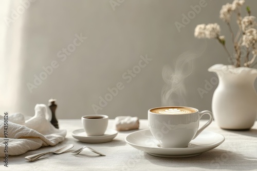 A serene coffee setup featuring a latte and espresso, with decorative elements.