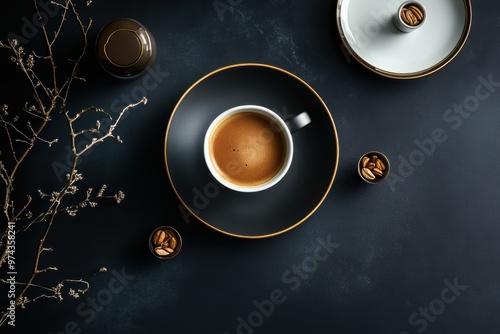A serene coffee setup with a cup, beans, and decorative elements on a dark surface.
