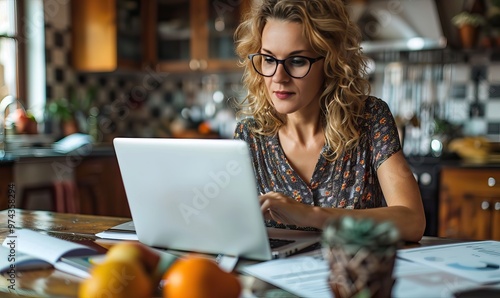 A woman with curly hair and glasses working on a laptop in a cozy kitchen. She appears focused and engaged, surrounded by fruits and documents on the table.