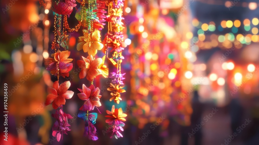Fototapeta premium Colorful Diwali garlands hanging in marketplace, festive mood, 3D illustration