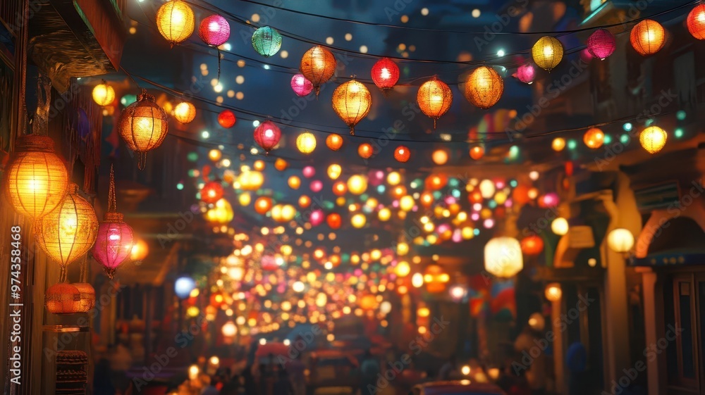 Colorful Diwali garlands and lanterns on a busy street, 3D illustration Colorful Diwali garlands and lanterns on a busy street, 3D illustration