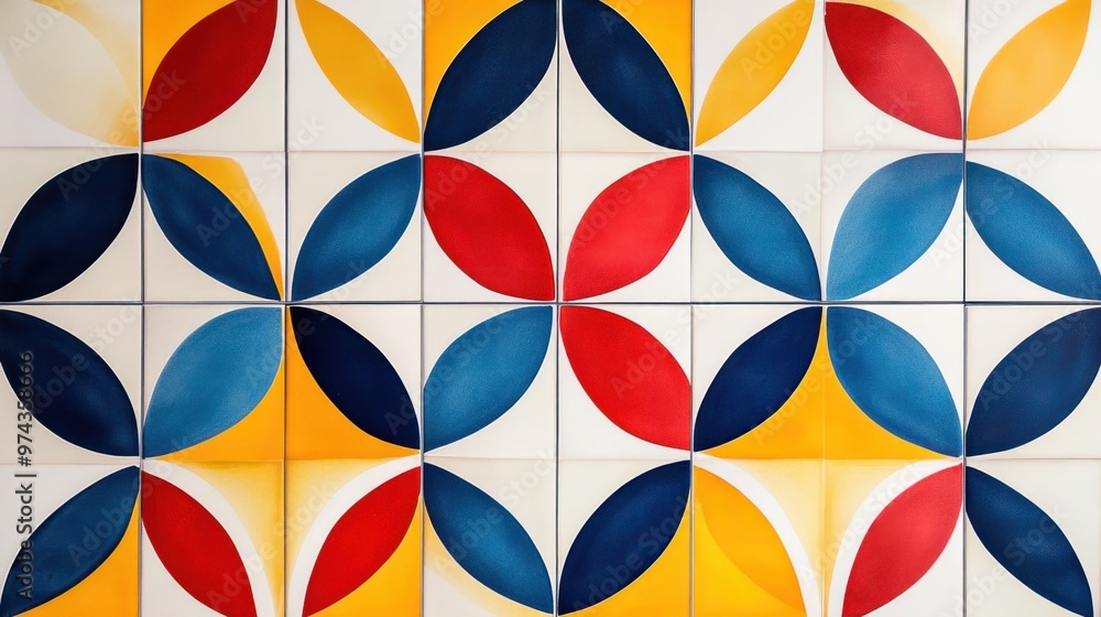 A collection of geometric tiles in bold colors like red, blue, and yellow, arranged in a symmetrical pattern A collection of geometric tiles in bold colors like red, blue, and yellow, arranged in a symmetrical pattern