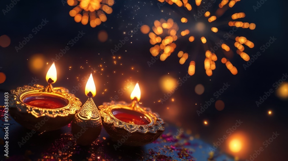Diwali crackers and fireworks on display, night sky, 3D illustration Diwali crackers and fireworks on display, night sky, 3D illustration