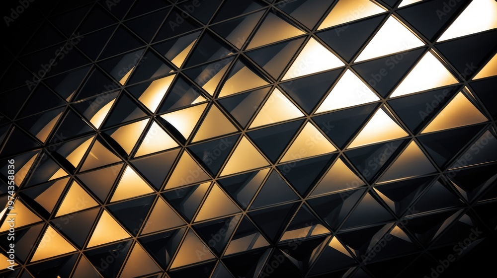 A geometric pattern of black and gold triangles creates a modern and abstract background.