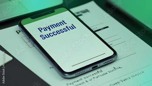 Phone with text payment successful onscreen display. Online internet shopping, purchase invoice. e-shopping , electronic commerce consumer buy goods over Internet  photo