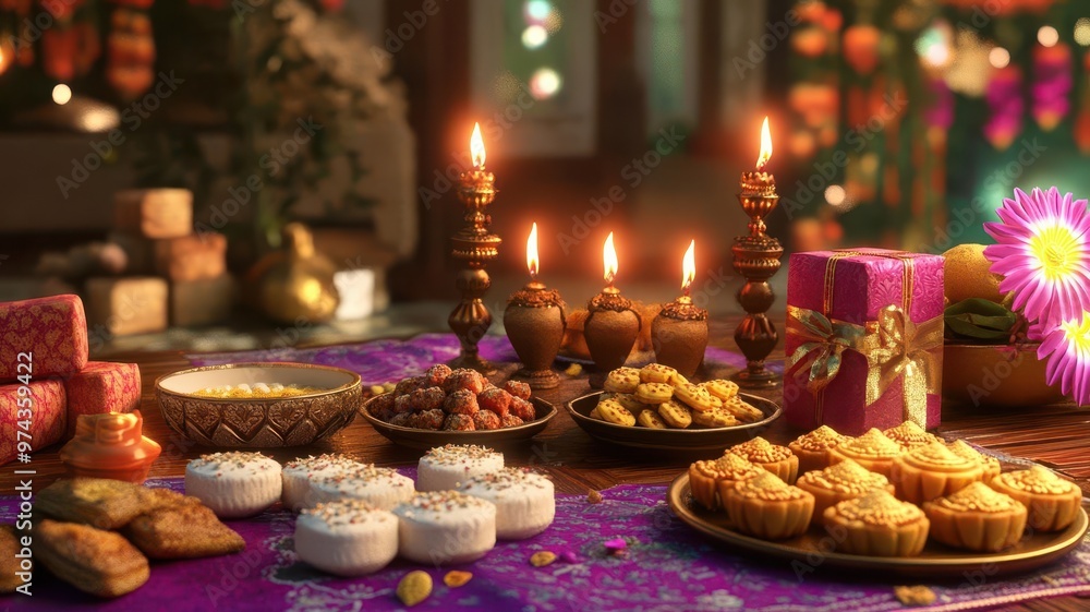 Diwali festive table with sweets, gifts, and diyas, 3D illustration Diwali festive table with sweets, gifts, and diyas, 3D illustration