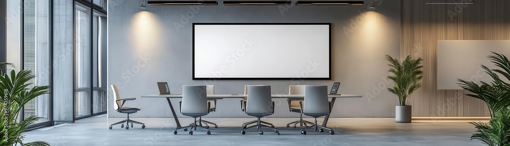 Open-plan office with blank digital display screen on the wall, stylish ergonomic chairs, soft ambient lighting, perfect for mock-up presentations, Futuristic, Digital, High-res Open-plan office with blank digital display screen on the wall, stylish ergonomic chairs, soft ambient lighting, perfect for mock-up presentations, Futuristic, Digital, High-res