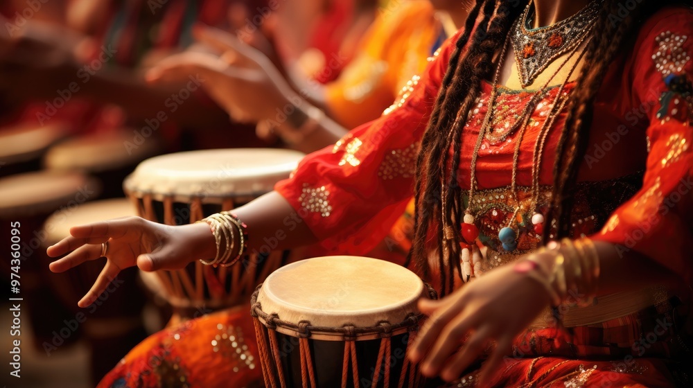 Naklejka premium A woman in traditional Indian clothing plays a drum, her fingers dancing across the skin.