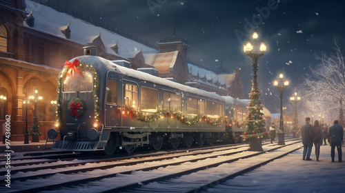 Christmas Train At Station With Wreath Lights And Snow Holiday Atmosphere