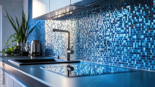 A decorative backsplash made from small glass tiles in shades of blue, reflecting light in a bright kitchen © Napasnan