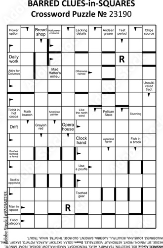 Barred clues-in-squares crossword puzzle game № 23190. Letter R is a hint. Answer included.
