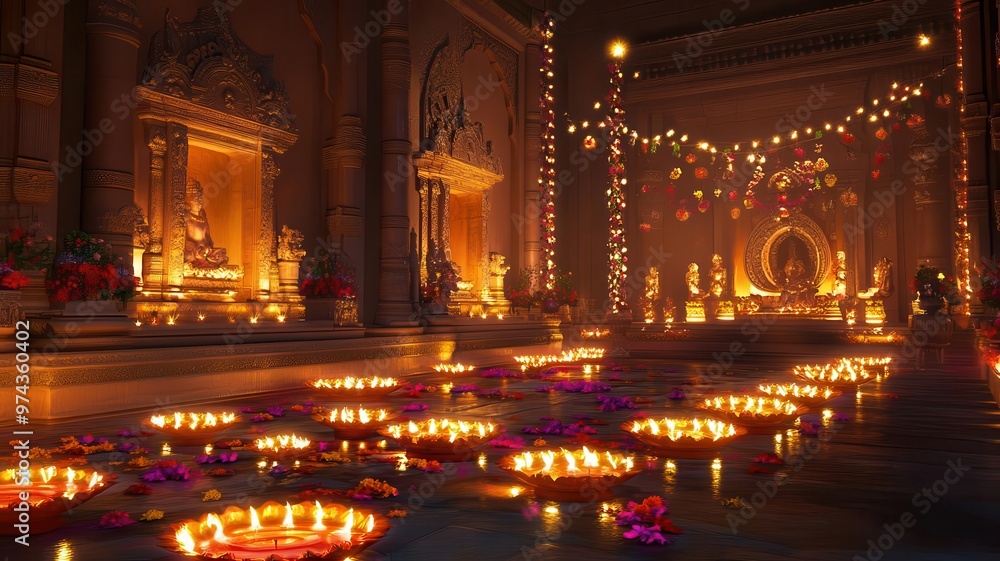 Fototapeta premium Hindu temple illuminated with diyas, festive ambiance, 3D illustration
