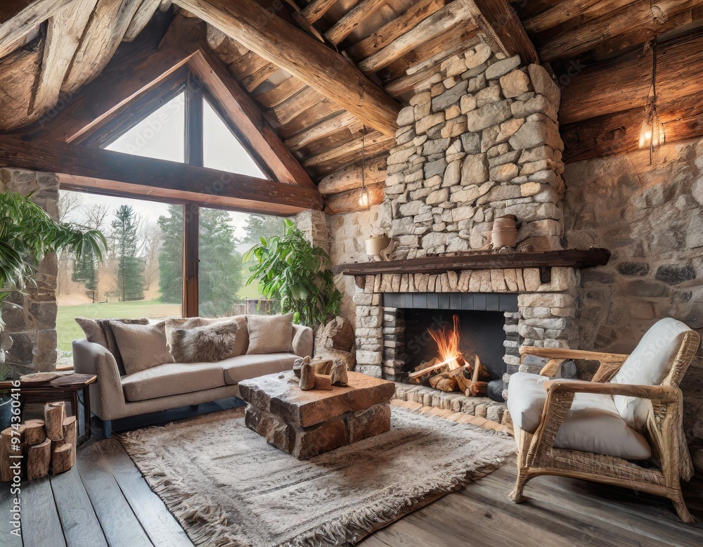 Cozy rustic living room interior with exposed wooden beams and natural stone fireplace Cozy rustic living room interior with exposed wooden beams and natural stone fireplace
