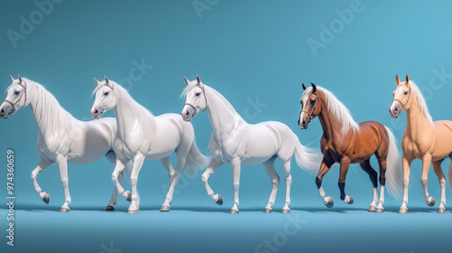 A stunning display of five elegant horses showcasing different colors and breeds against a vibrant blue background. photo