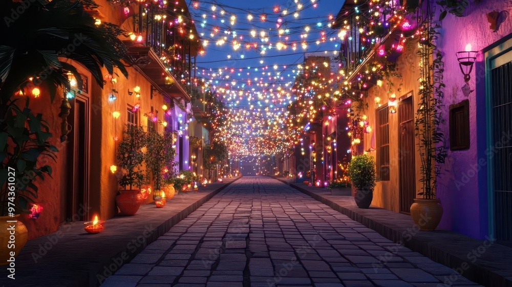 Indian street during Diwali, houses adorned with lights, 3D illustration