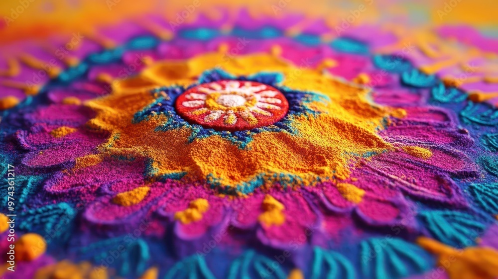 Rangoli design, colorful powders, intricate patterns, 3D illustration Rangoli design, colorful powders, intricate patterns, 3D illustration