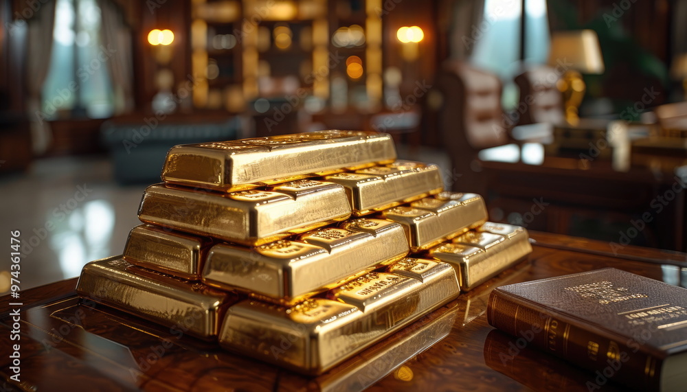 Gold bars on wooden table with book Gold bars on wooden table with book