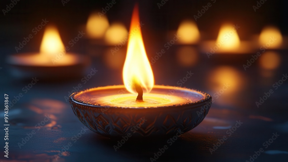 Closeup of diya lamp with soft glowing flame, 3D illustration Closeup of diya lamp with soft glowing flame, 3D illustration