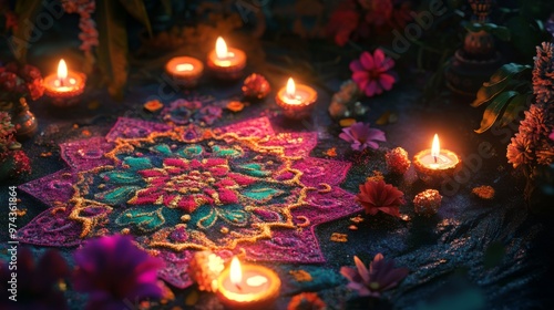 Vibrant 3D Rangoli with Candles and Flowers - Festive Art Design photo