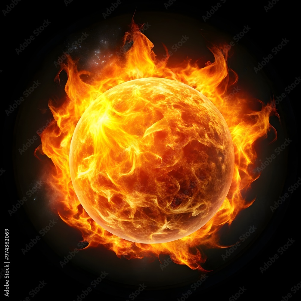 glowing sphere of fire engulfed in flames on dark backdrop glowing sphere of fire engulfed in flames on dark backdrop