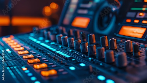 Close-up shot of a soundboard with illuminated buttons and knobs. photo