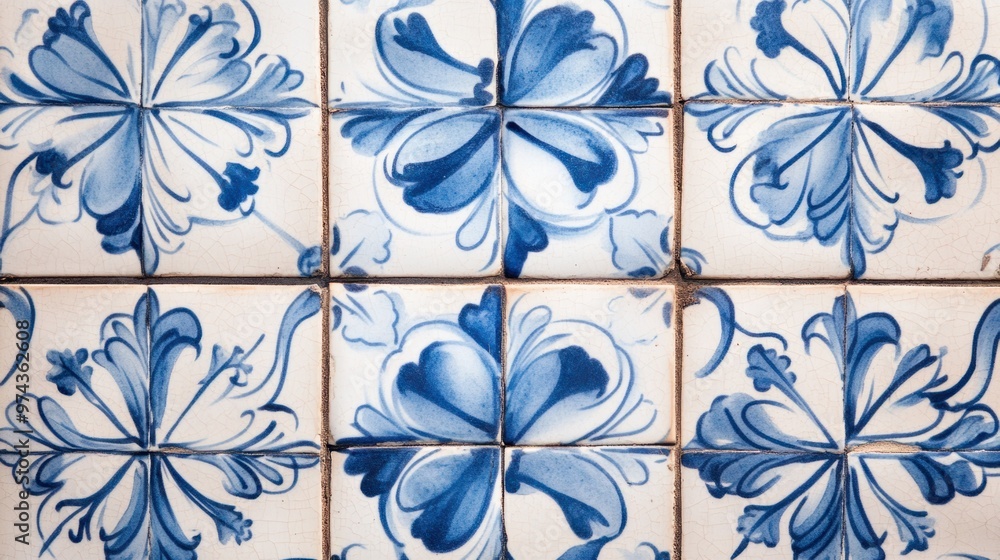 A detailed view of intricately designed Portuguese tiles with traditional blue and white floral patterns A detailed view of intricately designed Portuguese tiles with traditional blue and white floral patterns