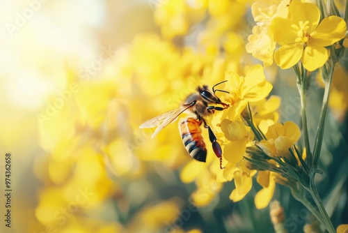 An insect flies over flowers of St John's wort in the garden photo