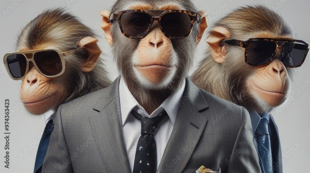 Monkeys wearing sunglasses and suits over a white background Monkeys wearing sunglasses and suits over a white background