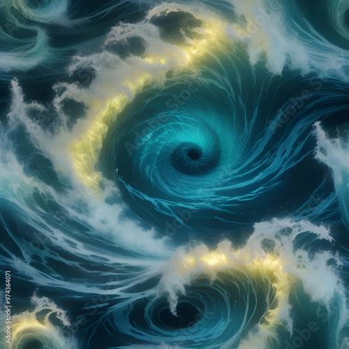 Mesmerizing Dynamic Water & Wave Simulation of Colossal Whirlpool Illuminated by Phosphorescent Marine Life – Cinematically Lit with Mystical Accents for Fantasy, Nature, and Ocean Art photo