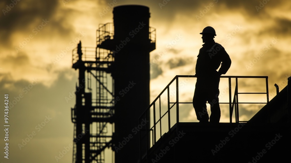Fototapeta premium Silhouette of a Worker at a Refinery