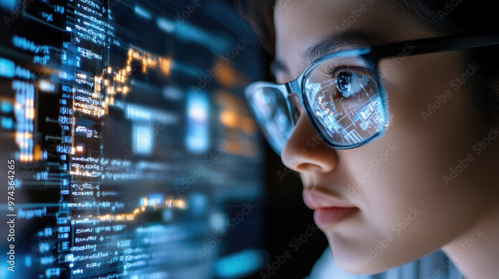 Innovative woman in tech office, focused on digital data analysis, showcasing determination and creativity. Her glasses reflect complex coding and graphs, symbolizing future of technology Innovative woman in tech office, focused on digital data analysis, showcasing determination and creativity. Her glasses reflect complex coding and graphs, symbolizing future of technology