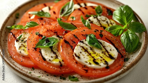 Sliced tomatoes and mozzarella cheese create a colorful, appetizing dish with fresh basil