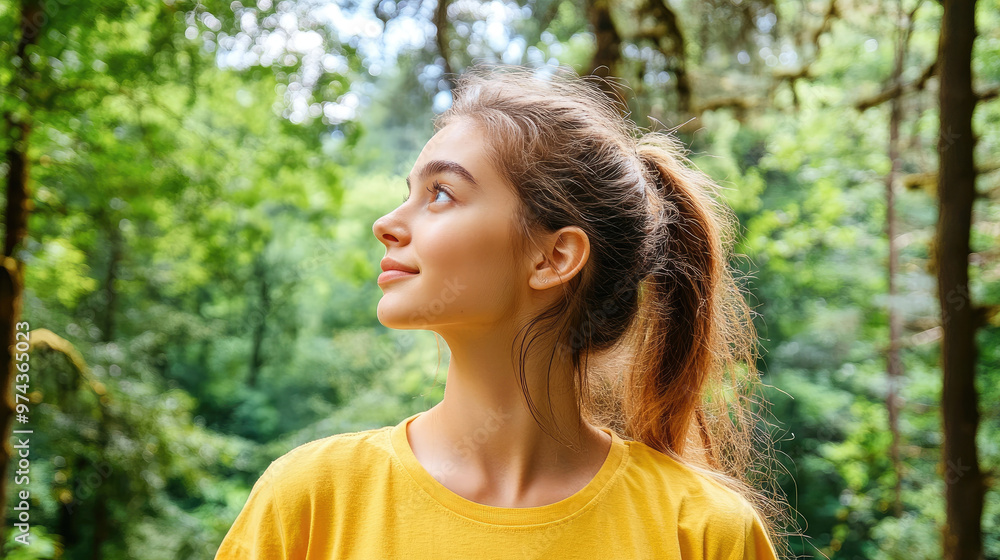 A young woman walking through peaceful forest, surrounded by lush greenery, exudes sense of tranquility and connection with nature. Her serene expression reflects beauty of moment A young woman walking through peaceful forest, surrounded by lush greenery, exudes sense of tranquility and connection with nature. Her serene expression reflects beauty of moment