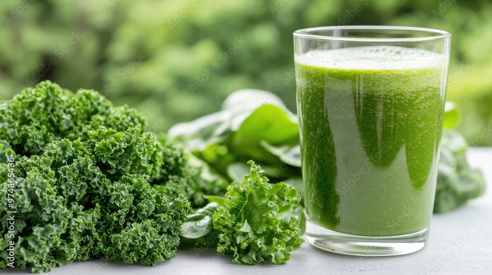 A healthy green smoothie in glass, surrounded by fresh kale and spinach, showcases vibrant greens that evoke sense of vitality and wellness A healthy green smoothie in glass, surrounded by fresh kale and spinach, showcases vibrant greens that evoke sense of vitality and wellness