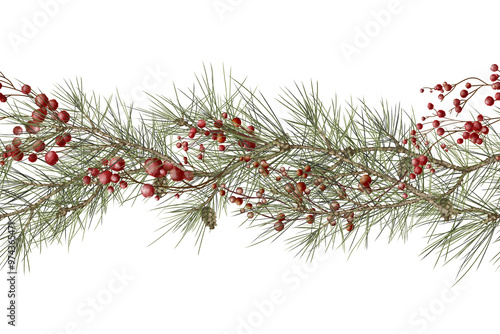 Pine branches in a horizontal seamless border. Watercolor illustration in digital style. Fir cones and green pine needles. Red winter berries isolated on a white background. Botanical illustration