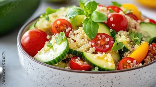 A fresh bowl of quinoa salad with avocado, cucumber, cherry tomatoes, and herbs, showcasing vibrant colors and healthy ingredients. This dish is perfect for nutritious meal